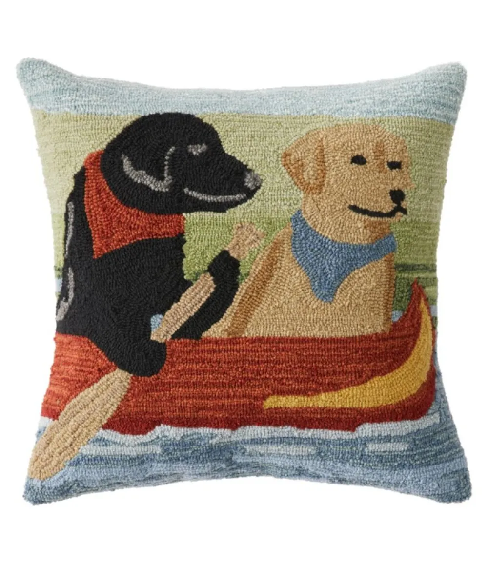 "Indoor/Outdoor Hooked Pillow, Dogs in Canoe"-L.L.Bean Discount