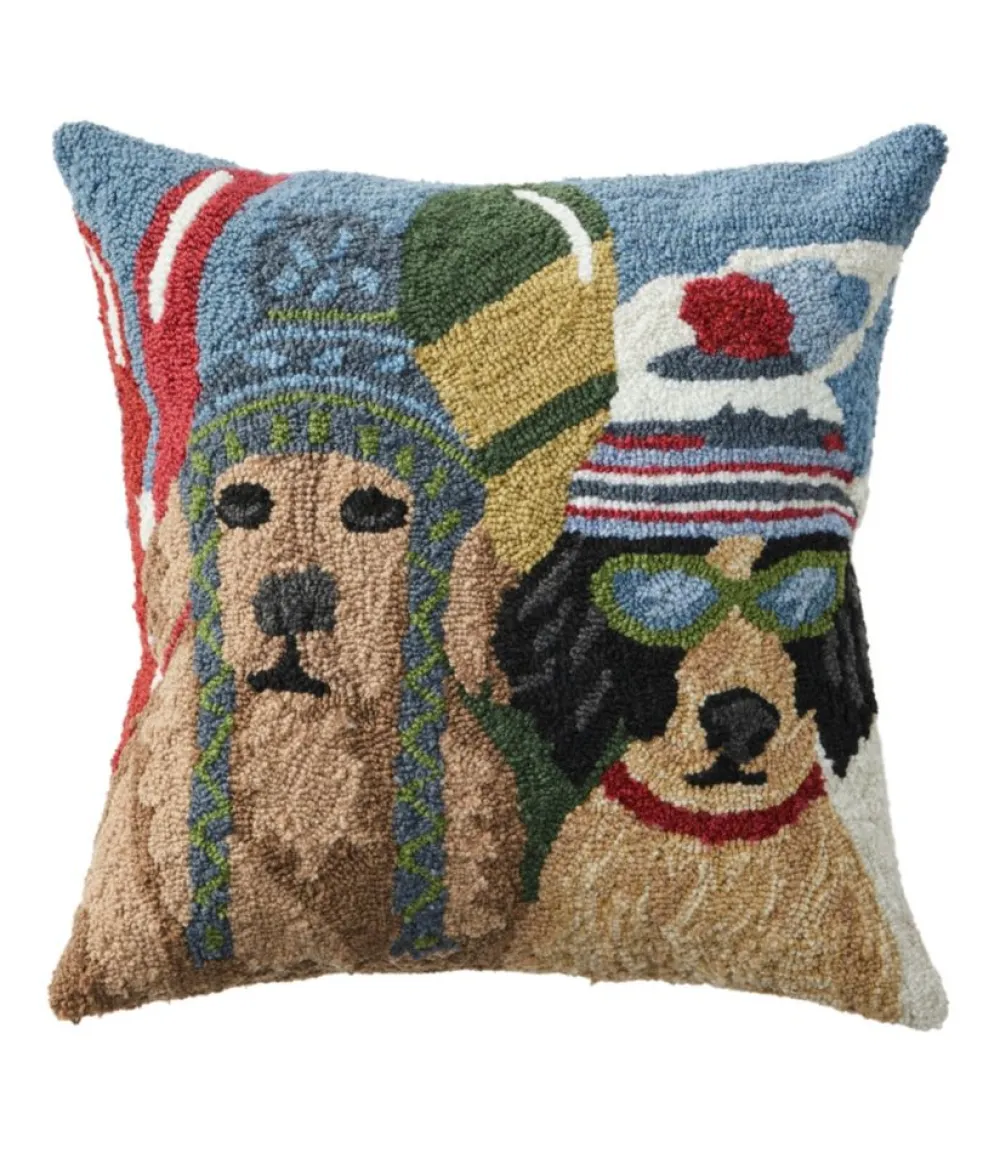 "Indoor/Outdoor Hooked Pillow, Dogs Skiing"-L.L.Bean Clearance
