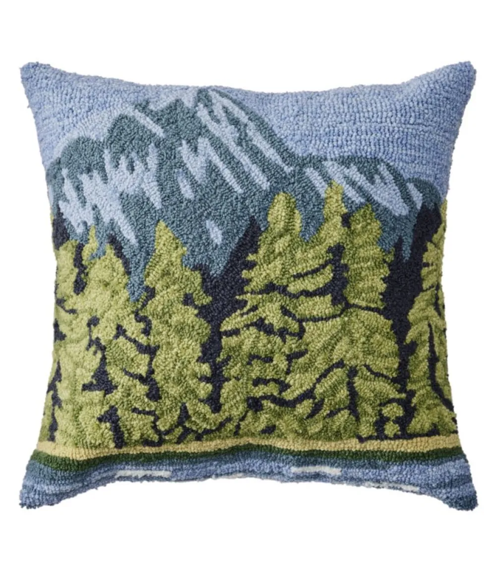 "Indoor/Outdoor Hooked Pillow, Lakeside Mountain Scene"-L.L.Bean Cheap