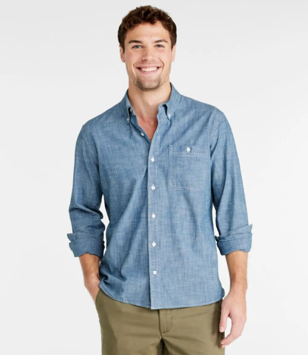 "Men's Comfort Stretch Chambray Shirt, Long-Sleeve, Slightly Fitted Untucked Fit"-L.L.Bean Outlet