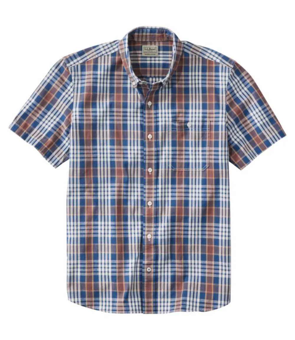 "Men's Comfort Stretch Chambray Shirt, Slightly Fitted Untucked Fit, Short-Sleeve, Plaid"-L.L.Bean New