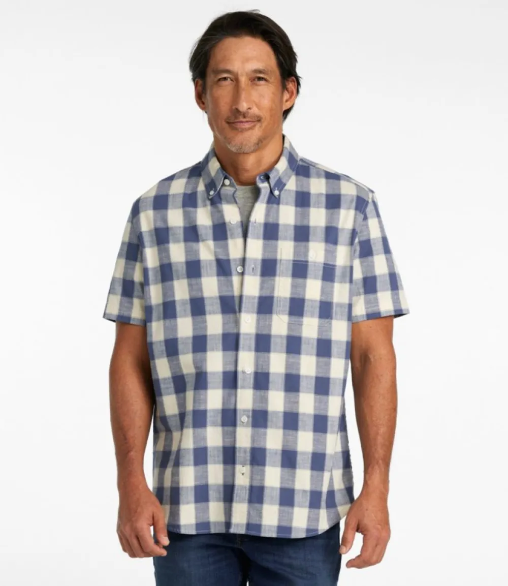 "Men's Comfort Stretch Chambray Shirt, Slightly Fitted Untucked Fit, Short-Sleeve, Plaid"-L.L.Bean New