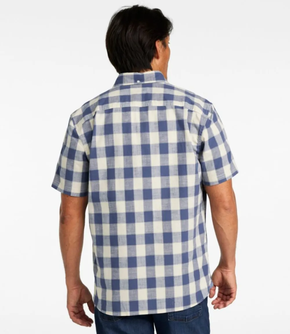"Men's Comfort Stretch Chambray Shirt, Slightly Fitted Untucked Fit, Short-Sleeve, Plaid"-L.L.Bean New