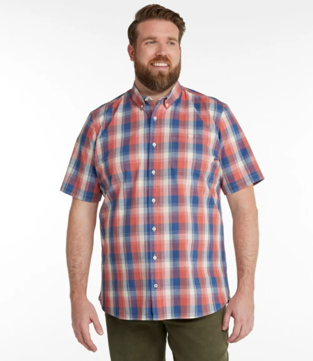 "Men's Comfort Stretch Chambray Shirt, Slightly Fitted Untucked Fit, Short-Sleeve, Plaid"-L.L.Bean New