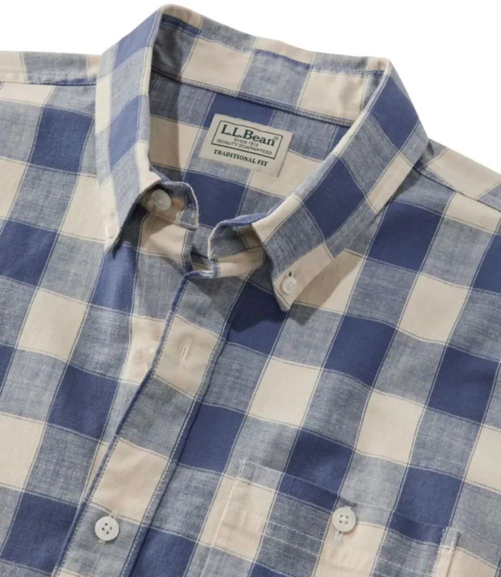 "Men's Comfort Stretch Chambray Shirt, Slightly Fitted Untucked Fit, Short-Sleeve, Plaid"-L.L.Bean New