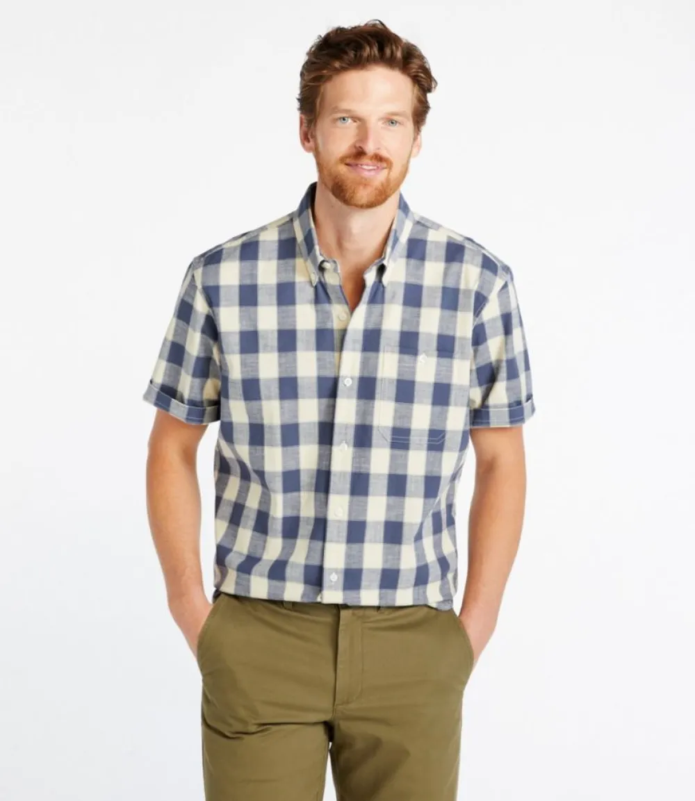 "Men's Comfort Stretch Chambray Shirt, Traditional Untucked Fit, Short-Sleeve, Plaid"-L.L.Bean Best