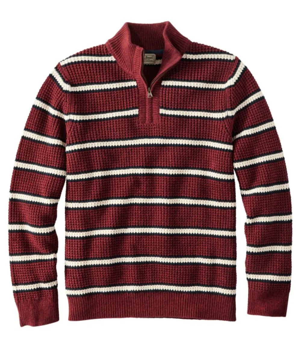 "Men's Organic Cotton Waffle Sweater, Quarter Zip, Stripe"-L.L.Bean Online