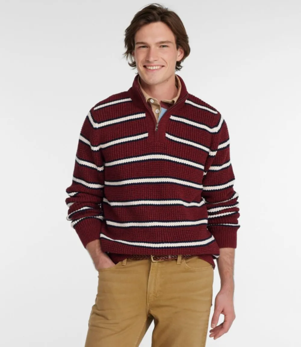 "Men's Organic Cotton Waffle Sweater, Quarter Zip, Stripe"-L.L.Bean Online