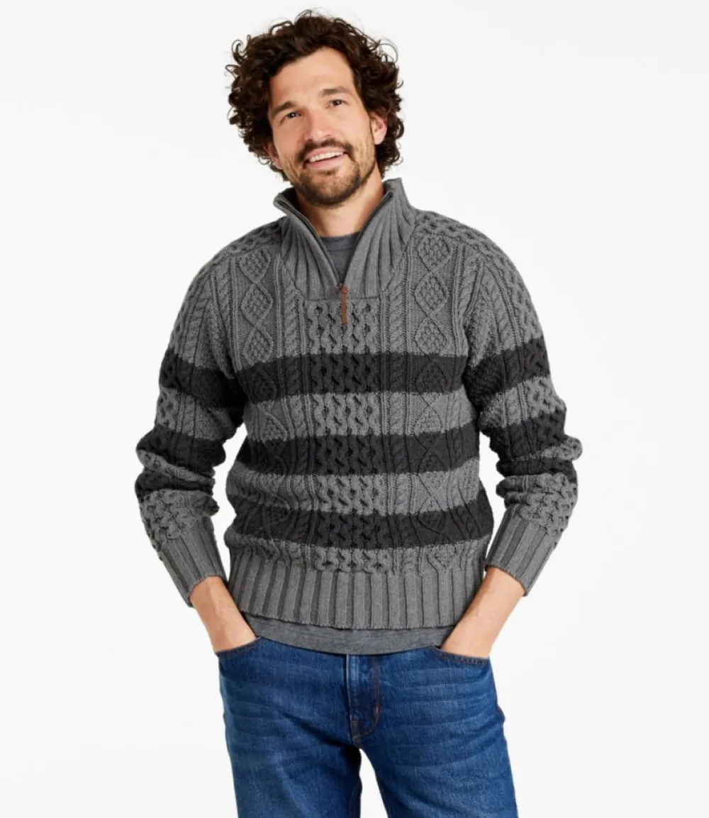 "Men's Signature Cotton Fisherman Sweater, Quarter-Zip, Stripe"-L.L.Bean Fashion