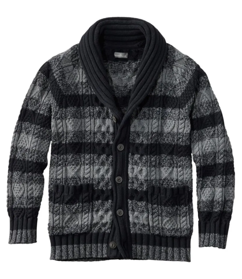 "Men's Signature Cotton Fisherman Sweater, Shawl-Collar Cardigan, Stripe"-L.L.Bean Clearance