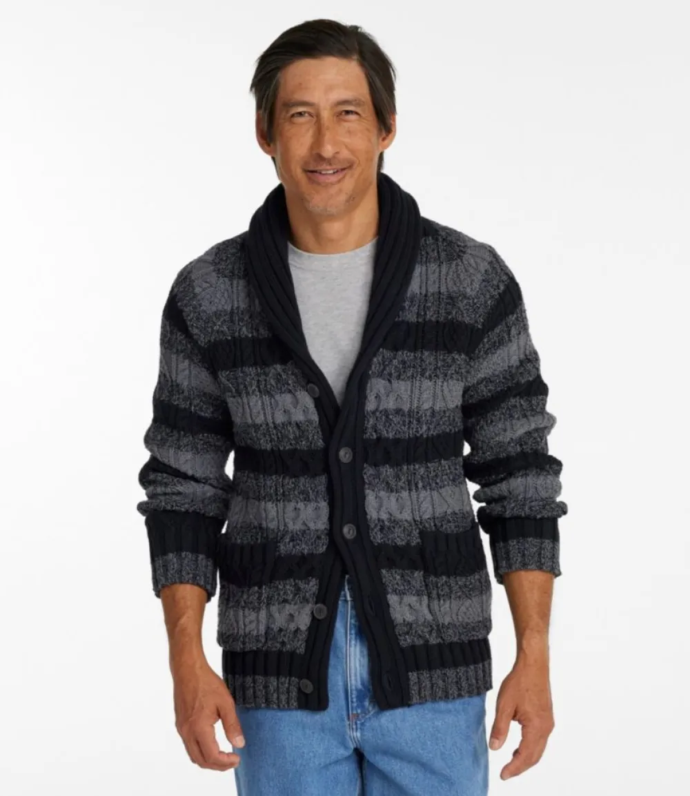 "Men's Signature Cotton Fisherman Sweater, Shawl-Collar Cardigan, Stripe"-L.L.Bean Clearance
