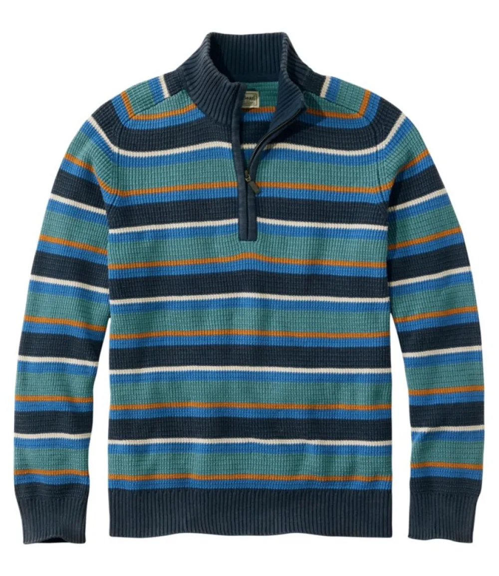 "Men's Textured Washed Cotton Sweaters, Quarter Zip, Stripe"-L.L.Bean New