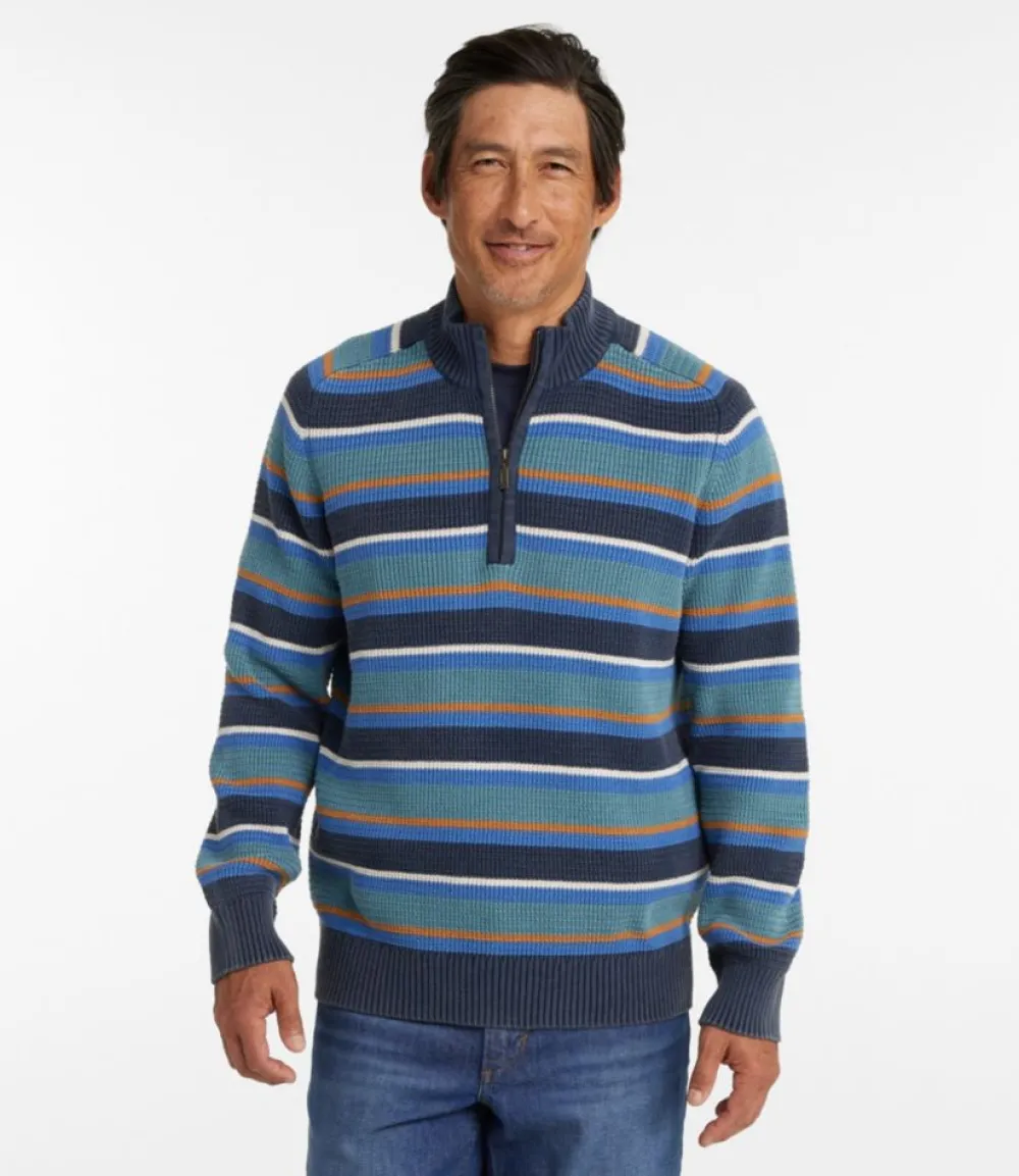 "Men's Textured Washed Cotton Sweaters, Quarter Zip, Stripe"-L.L.Bean New