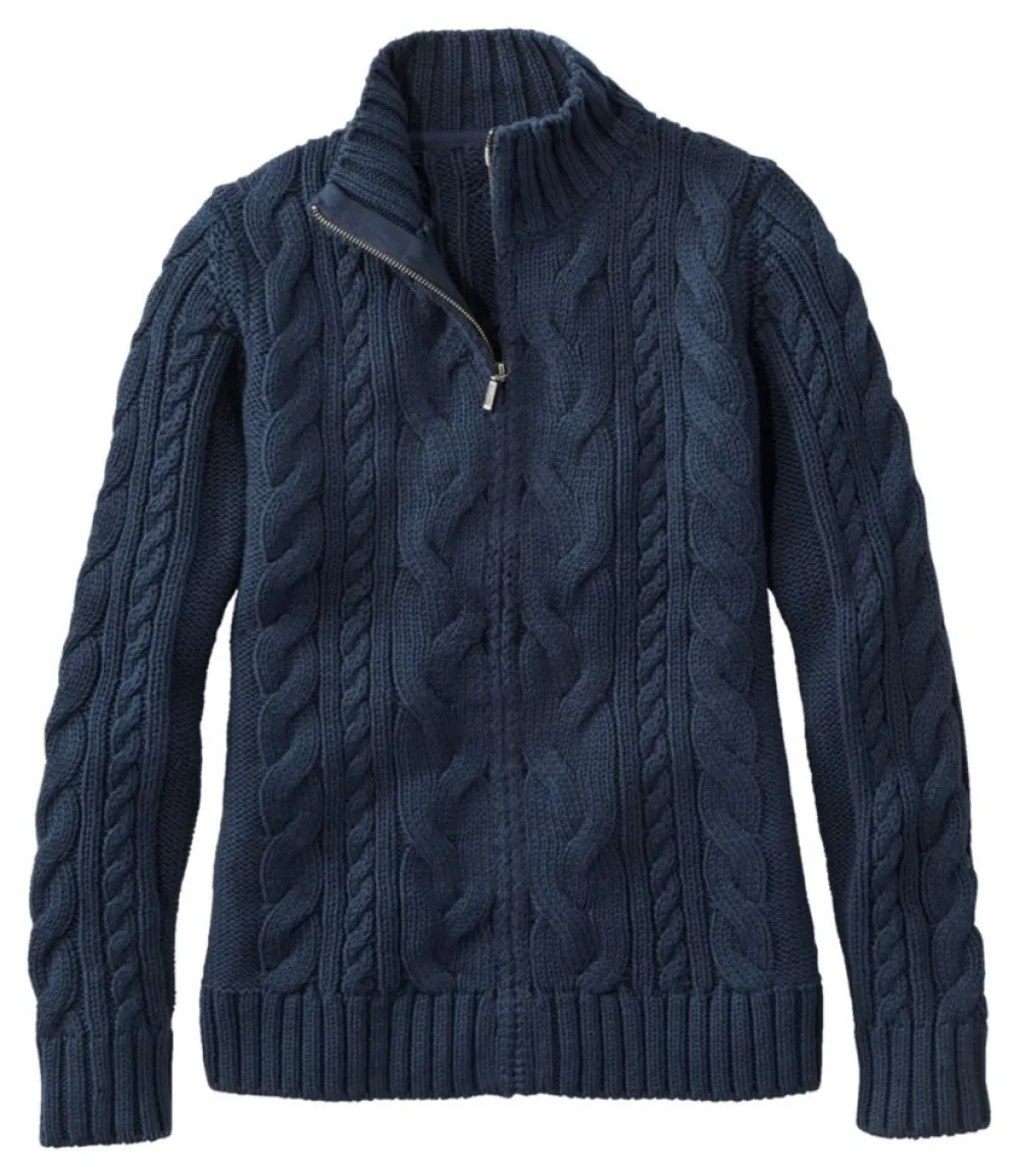 "Women's Double L® Cable Sweater, Zip Cardigan"-L.L.Bean Store