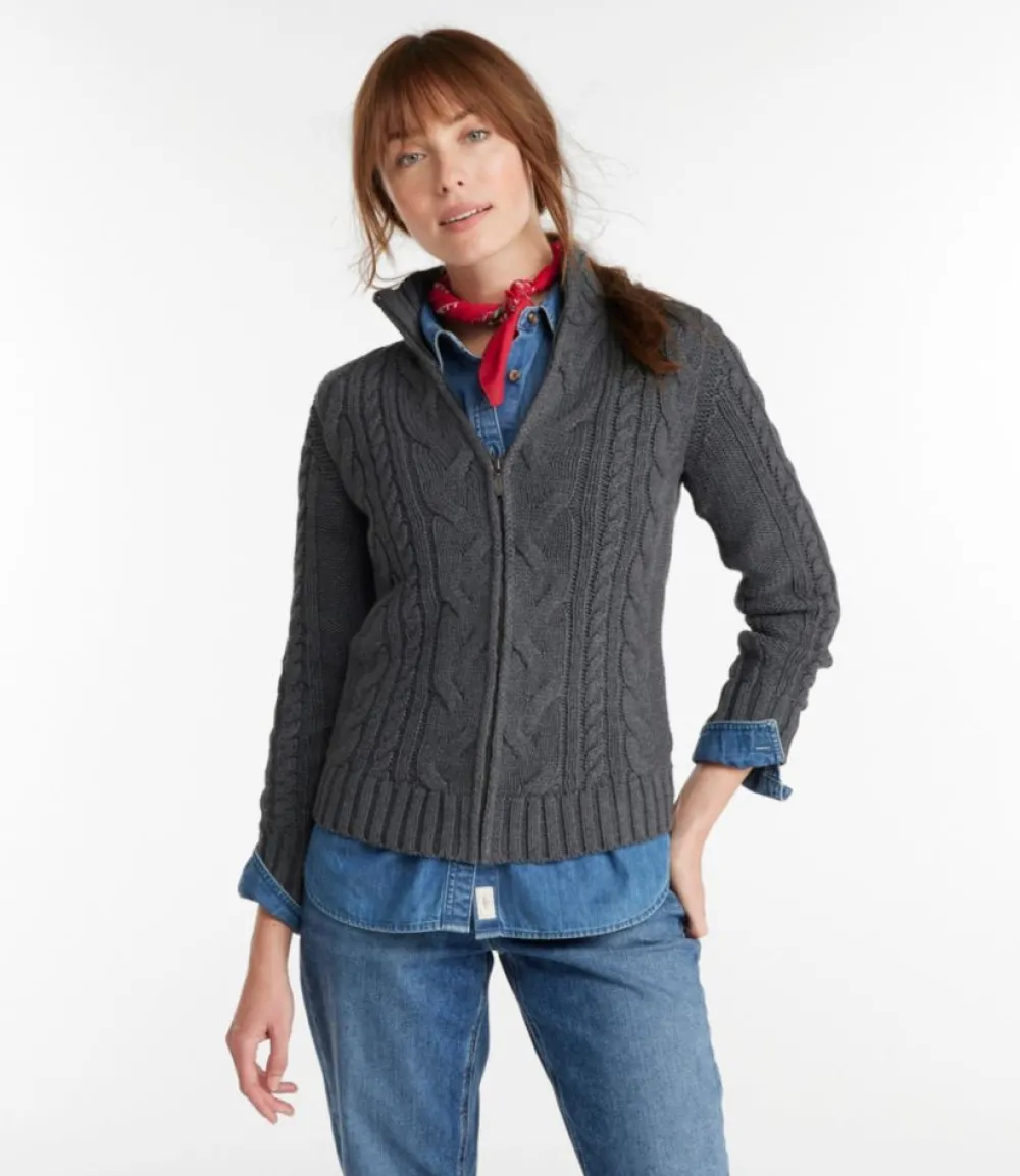 "Women's Double L® Cable Sweater, Zip Cardigan"-L.L.Bean Store