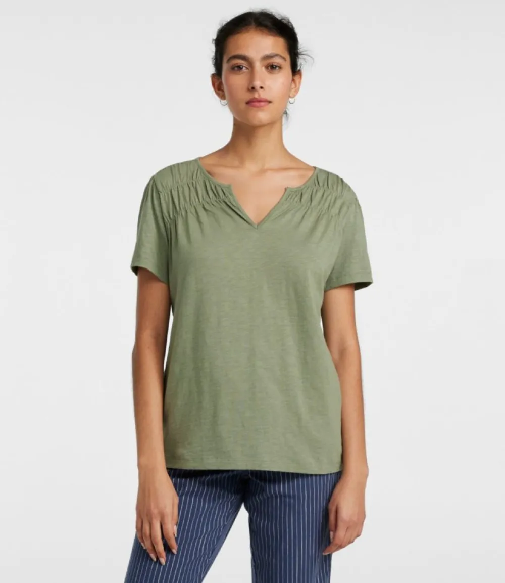 "Women's Organic Cotton Tee, Smocked Notch-Neck Short-Sleeve"-L.L.Bean Cheap