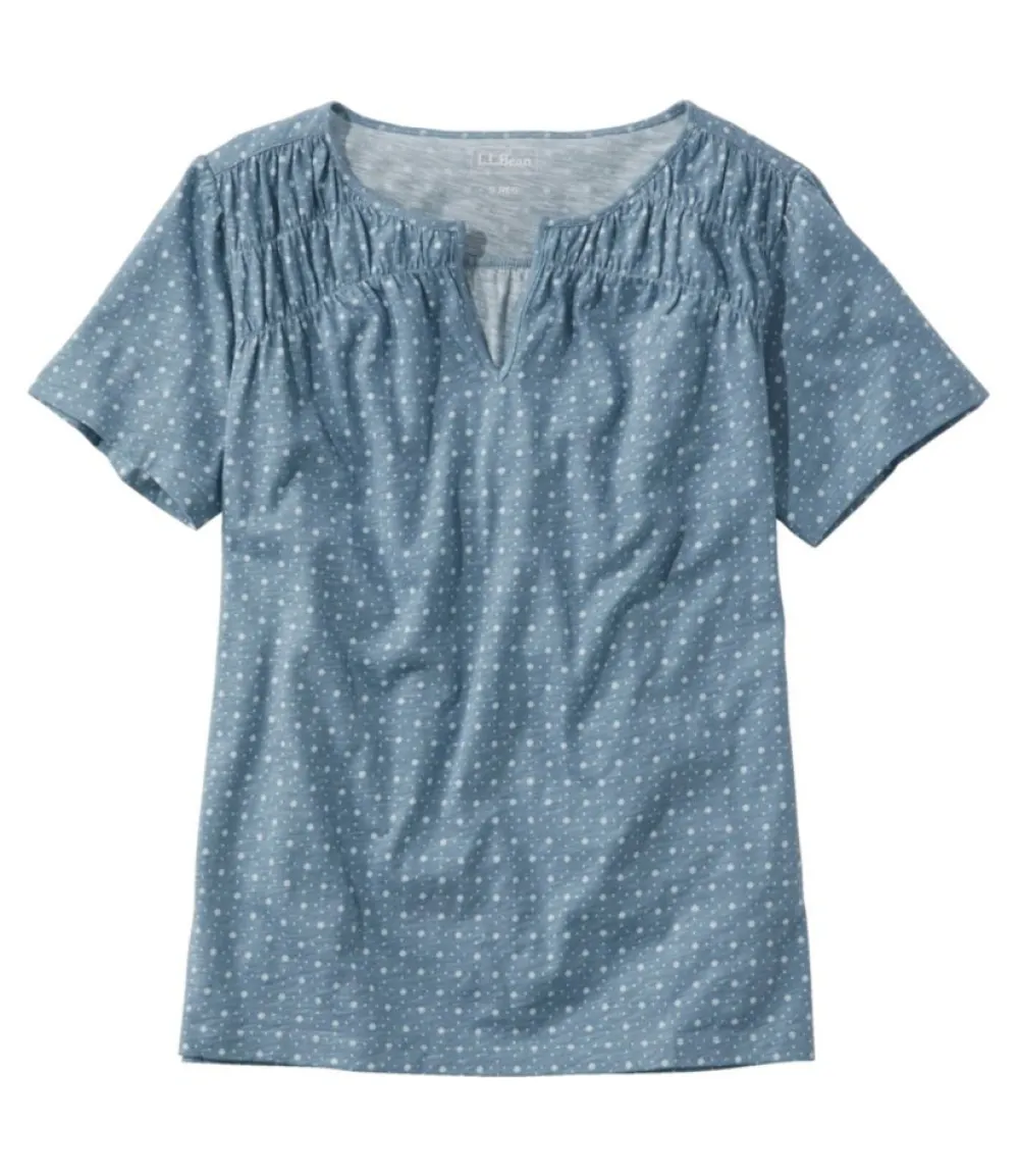 "Women's Organic Cotton Tee, Smocked Notch-Neck Short-Sleeve Print"-L.L.Bean Clearance