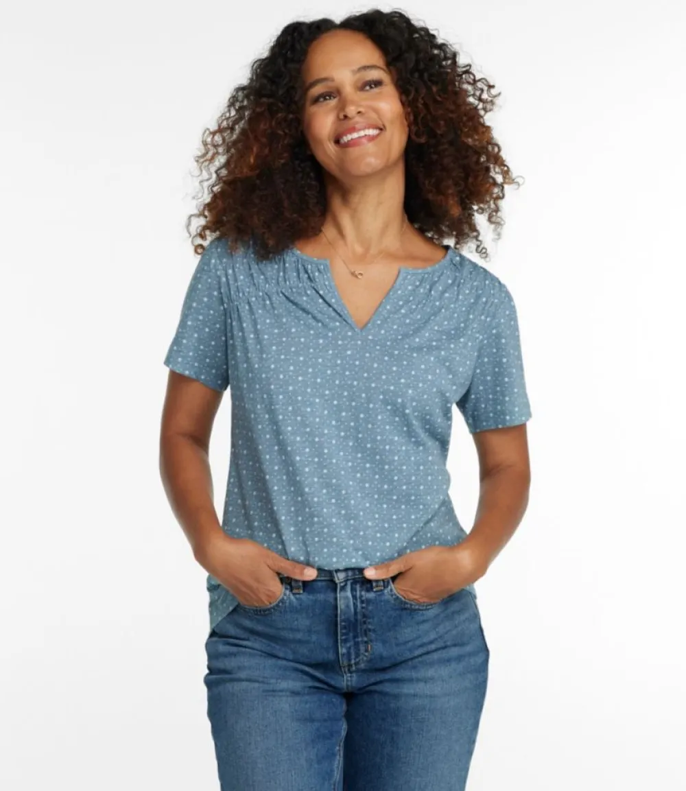 "Women's Organic Cotton Tee, Smocked Notch-Neck Short-Sleeve Print"-L.L.Bean Clearance