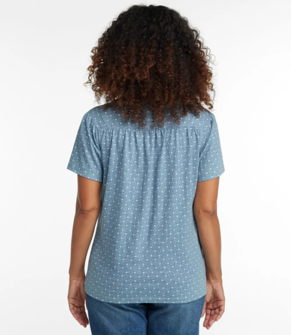 "Women's Organic Cotton Tee, Smocked Notch-Neck Short-Sleeve Print"-L.L.Bean Clearance