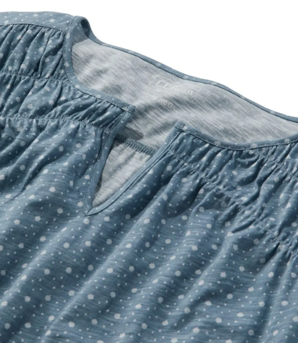 "Women's Organic Cotton Tee, Smocked Notch-Neck Short-Sleeve Print"-L.L.Bean Clearance