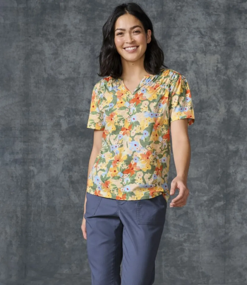 "Women's Organic Cotton Tee, Smocked Notch-Neck Short-Sleeve Print"-L.L.Bean Clearance