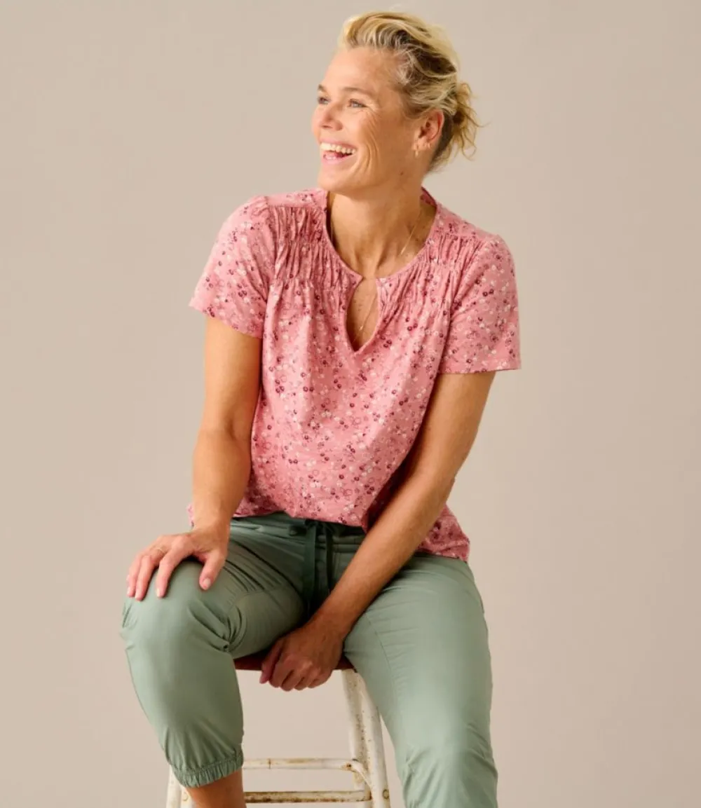 "Women's Organic Cotton Tee, Smocked Notch-Neck Short-Sleeve Print"-L.L.Bean Clearance