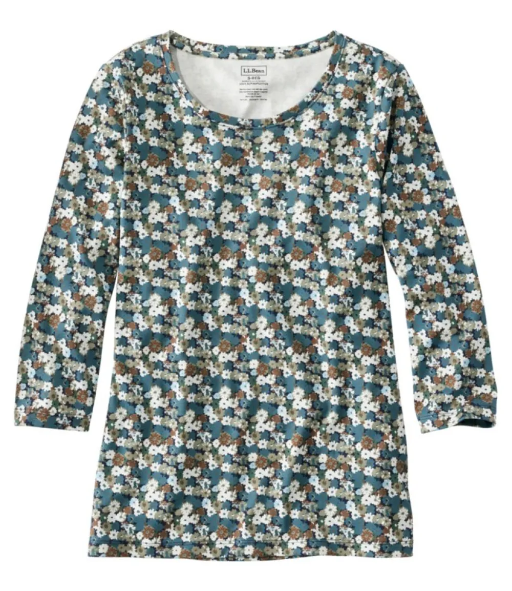 "Women's Pima Cotton Shaped Jewelneck Tee, Three-Quarter-Sleeve Print"-L.L.Bean Store