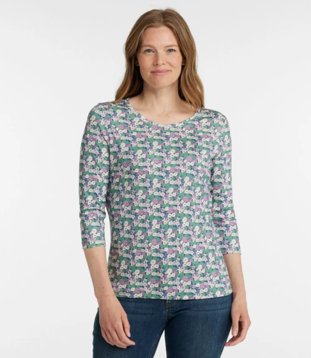 "Women's Pima Cotton Shaped Jewelneck Tee, Three-Quarter-Sleeve Print"-L.L.Bean Store