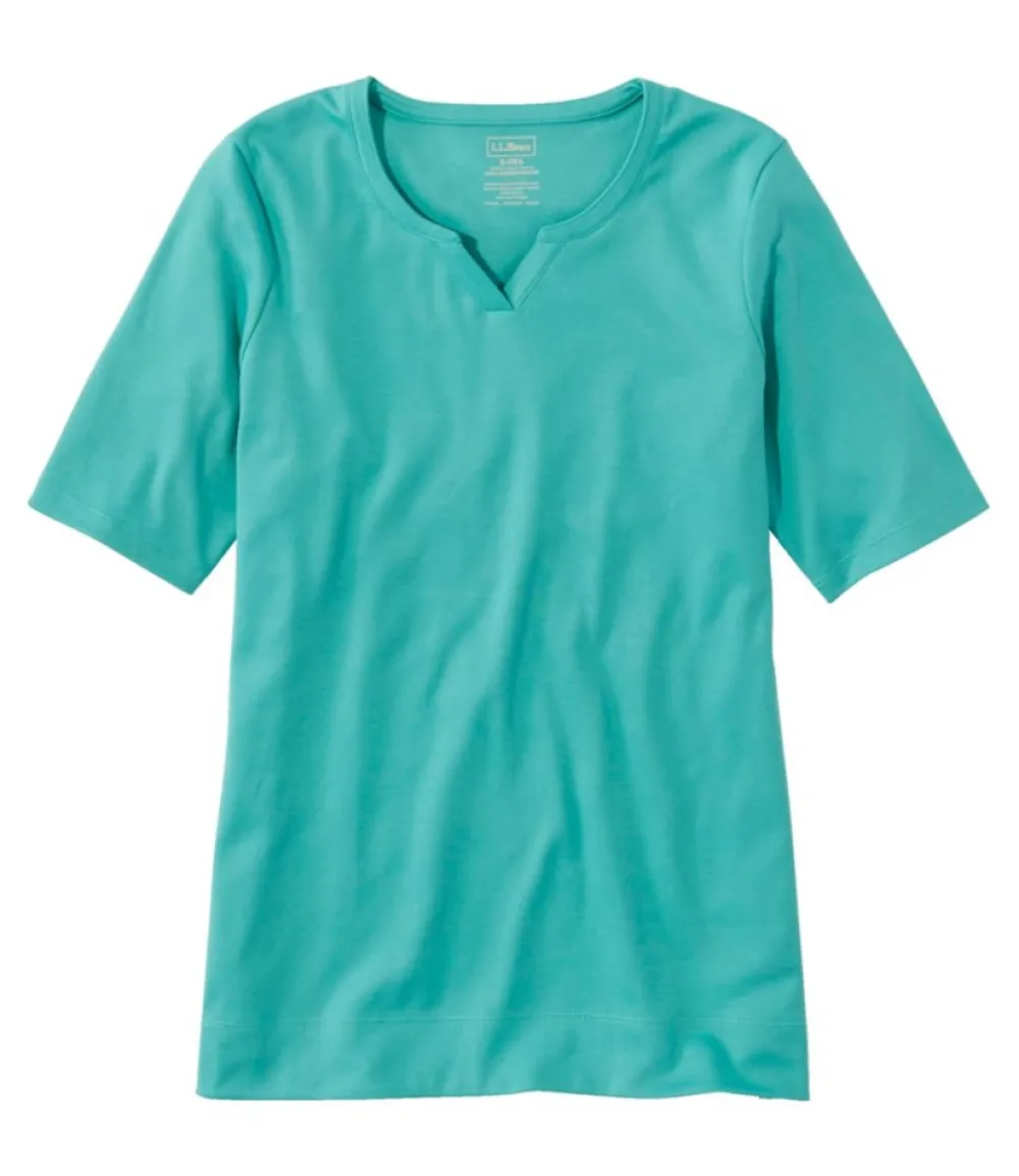 "Women's Pima Cotton Tee, Notch-Neck Elbow-Sleeve Tunic"-L.L.Bean Online
