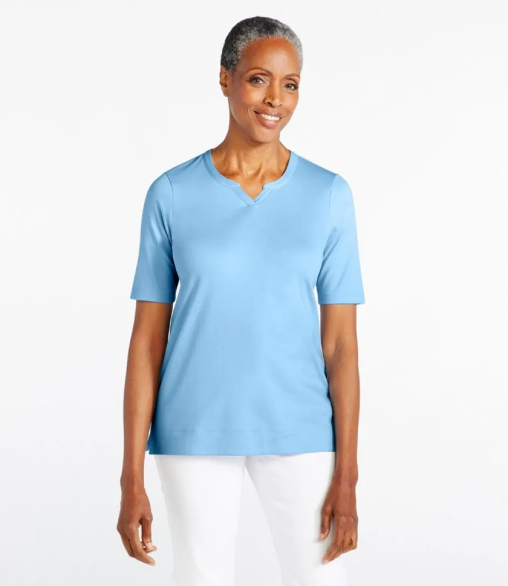 "Women's Pima Cotton Tee, Notch-Neck Elbow-Sleeve Tunic"-L.L.Bean Online