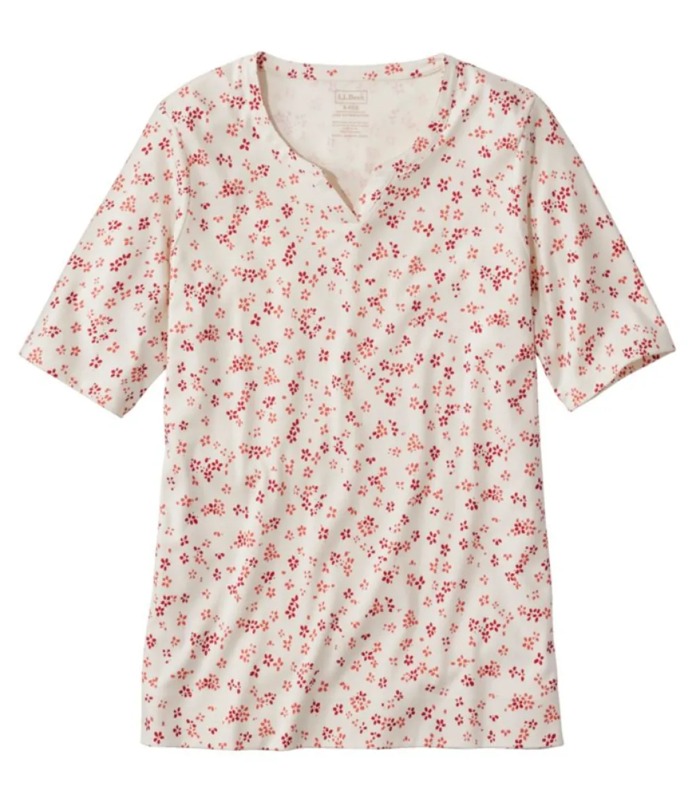 "Women's Pima Cotton Tee, Notch-Neck Elbow-Sleeve Tunic Print"-L.L.Bean Outlet