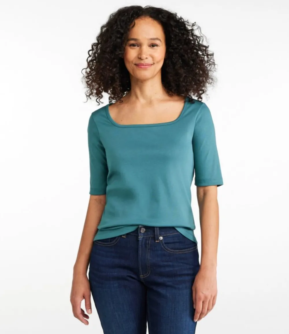 "Women's Pima Cotton Tee, Soft Squareneck Elbow-Sleeve"-L.L.Bean Hot