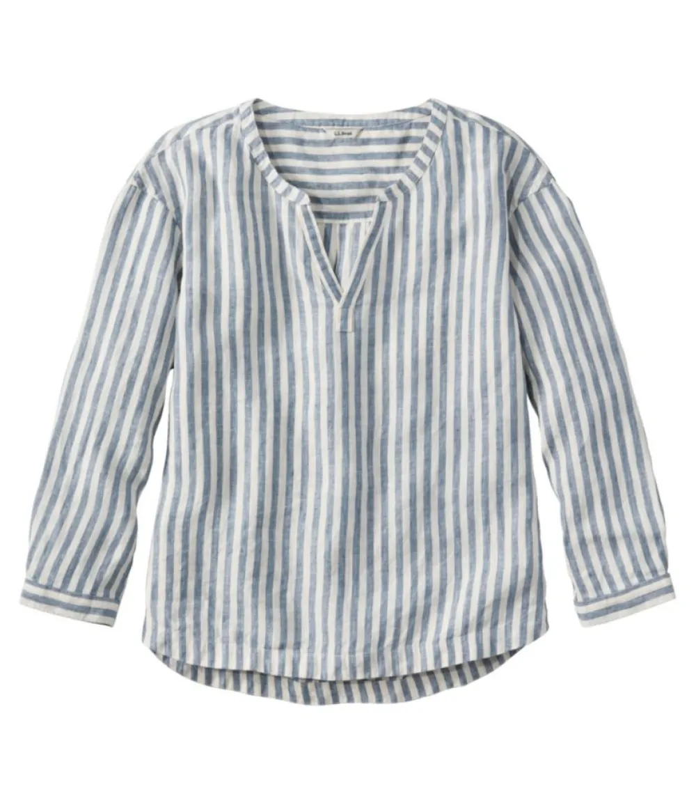 "Women's Premium Washable Linen Shirt, Splitneck Stripe"-L.L.Bean New