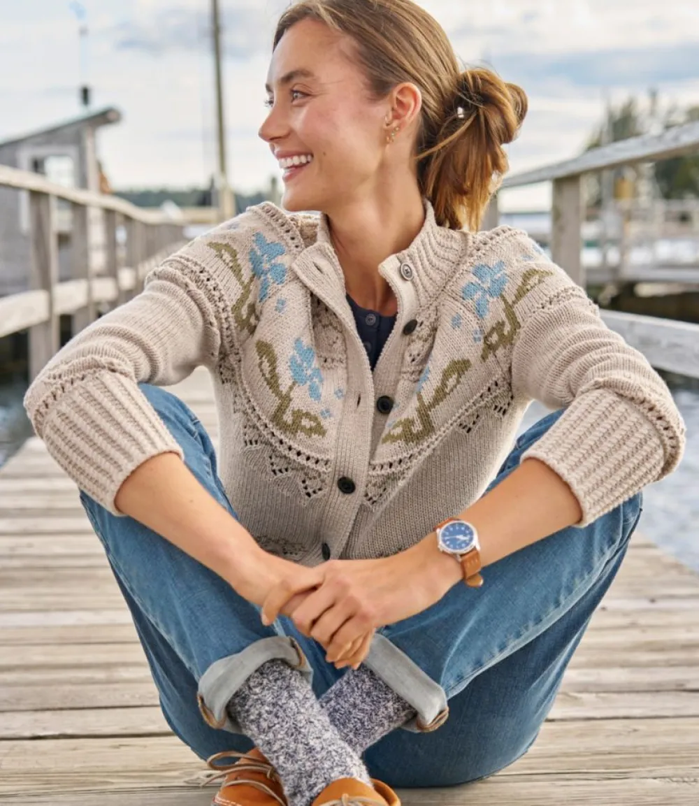 "Women's Signature Cotton Fisherman Sweater, Short Cardigan Fair Isle"-L.L.Bean Flash Sale