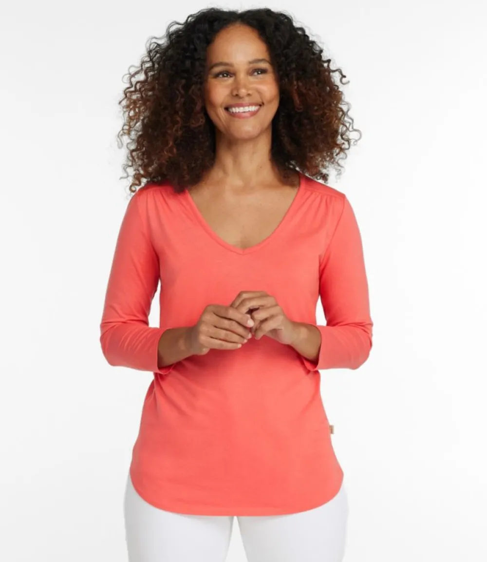 "Women's Soft Stretch Supima Tee, Three-Quarter-Sleeve V-Neck"-L.L.Bean Hot