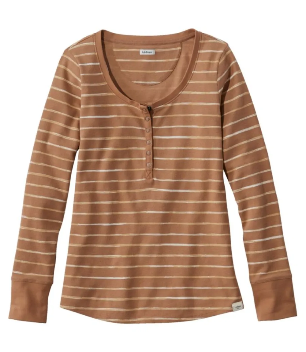 "Women's Unshrinkable Mini-Waffle Tee, Long-Sleeve Henley Stripe"-L.L.Bean Clearance