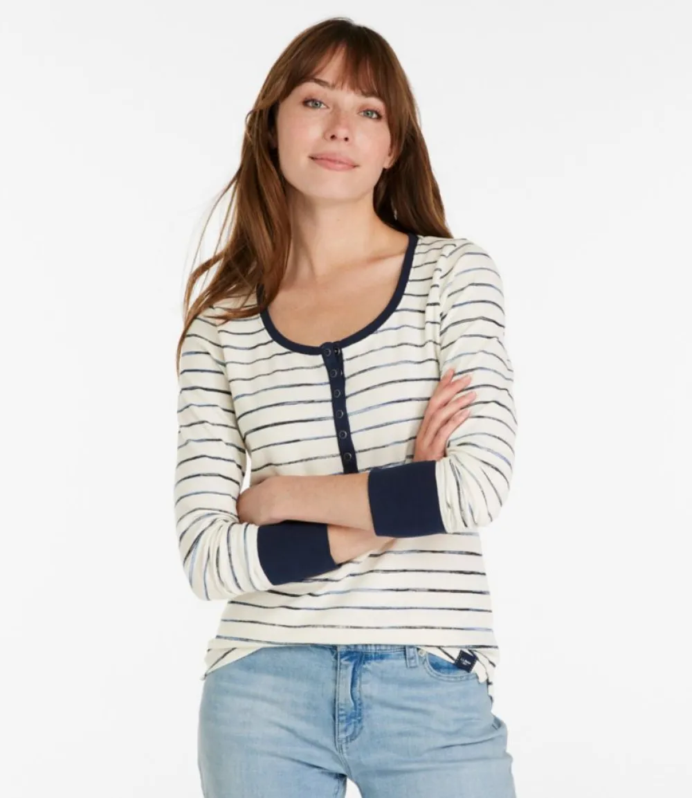 "Women's Unshrinkable Mini-Waffle Tee, Long-Sleeve Henley Stripe"-L.L.Bean Clearance