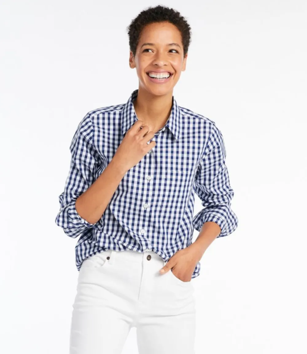 "Women's Wrinkle-Free Pinpoint Oxford Shirt, Long-Sleeve Relaxed Fit Plaid"-L.L.Bean Outlet